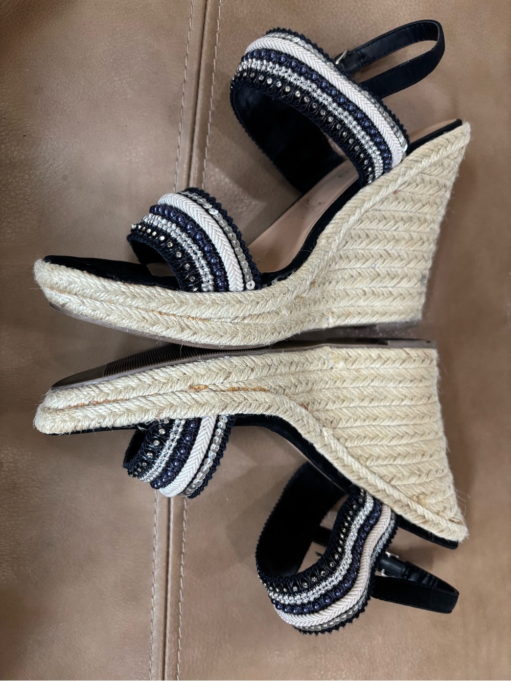 Andiamo Black Beaded Wedge Sandals with Ankle Strap - Picture 2 of 8